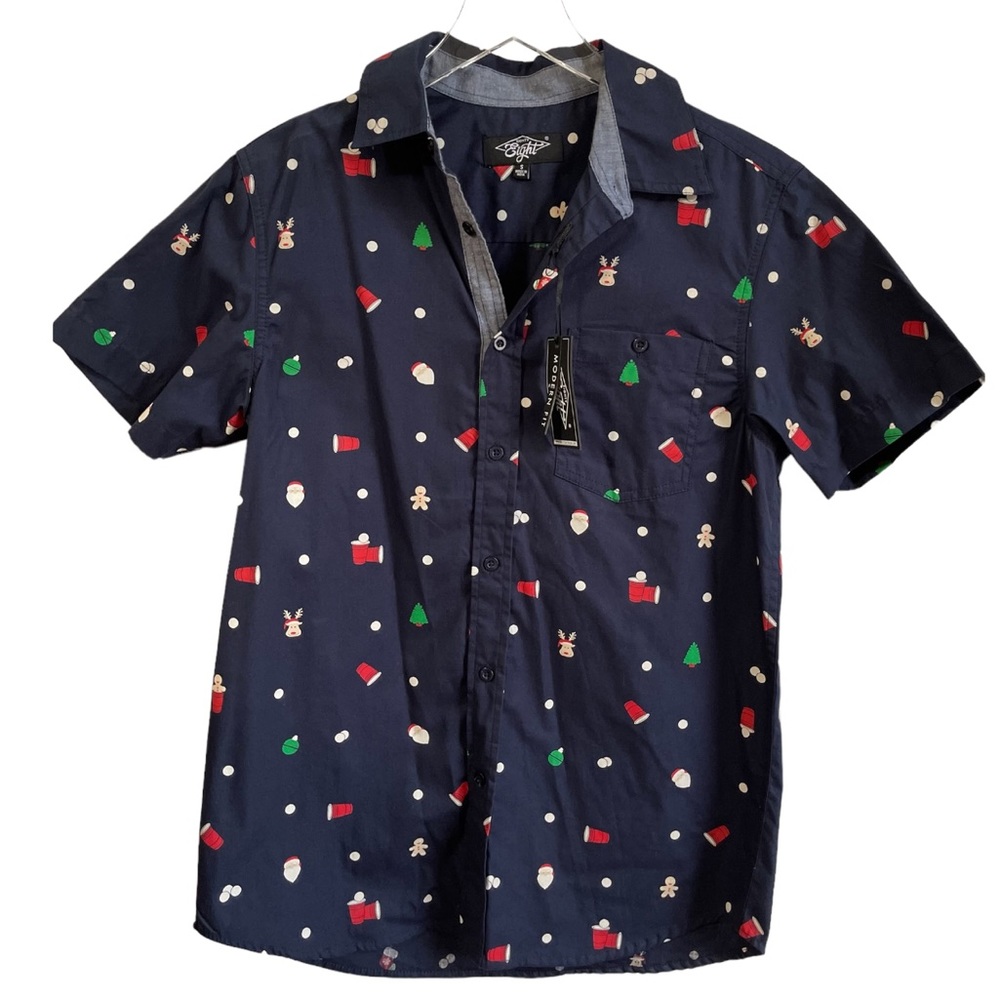 New Eighty Eight Mens S Small Navy Blue Christmas Beer Pong Button Dress Shirt